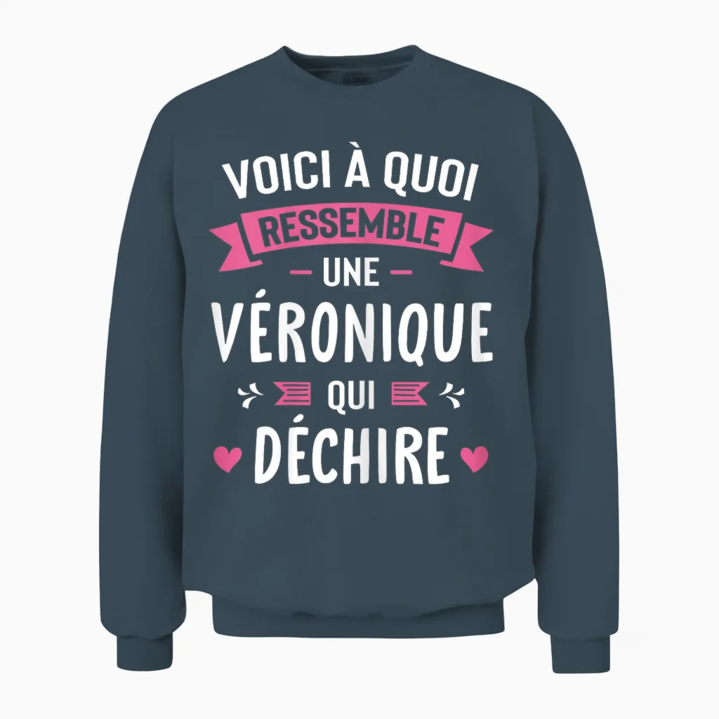 Woman Gift Funny Personalized Name Véronique Qui Déchire T-Shirt, Black, Female X-Small Unisex Sweatshirt in Dark Heather