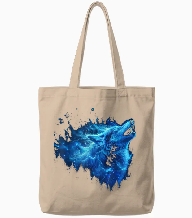 Galaxy Wolf Howling Graphic Electrical Blue Wolf Lovers Tote Bags in Natural