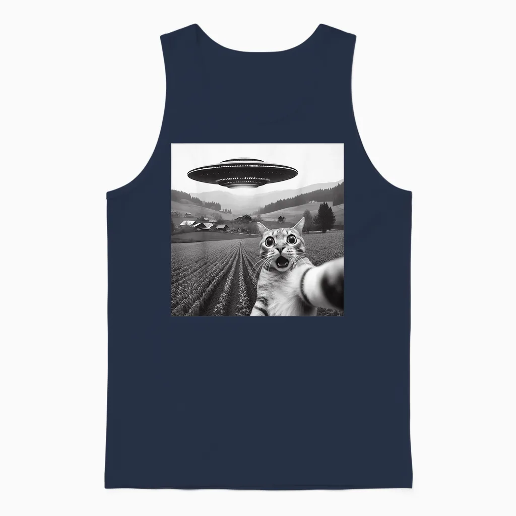 Cat Selfie with Alien Ufo Funny Cat Gifts for Men Women Kid Unisex Tank Top in Navy