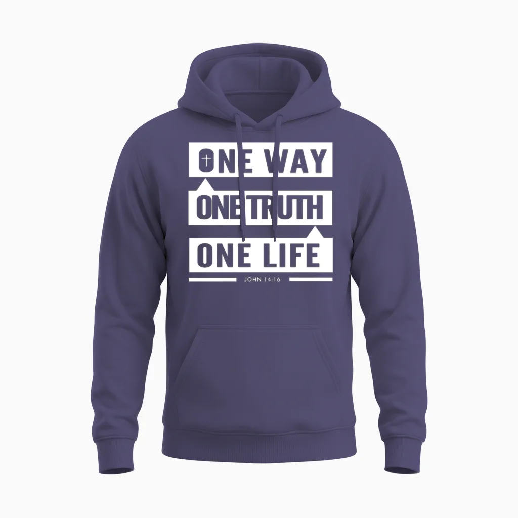 One Way One Truth One Life Faith Based Christian Unisex Hoodie in Heather Sport Dark Navy
