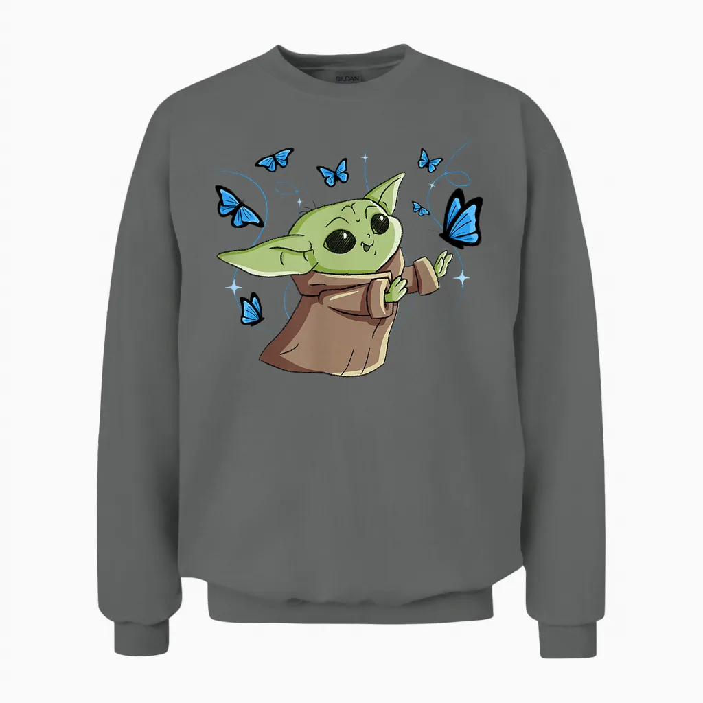 Star Wars the Mandalorian the Child with Blue Butterflies T-Shirt, Black Unisex Sweatshirt in Graphite Heather