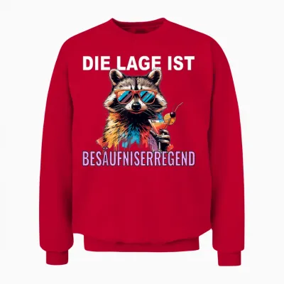 T-Shirt with German Text "die Lage Ist Besäufniserregend Raccoon, Black, S Unisex Sweatshirt - Red