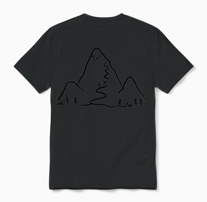 Hiking Illustration, Mountains Unisex T-Shirt in Black