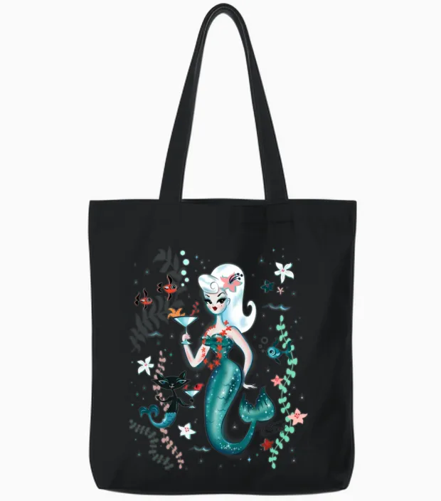 Martini Mermaid Blonde Tote Bags in Black