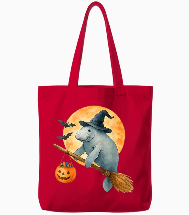 Manatee Witch Hat Pumpkin Halloween Costume Men Women Tote Bags in Red