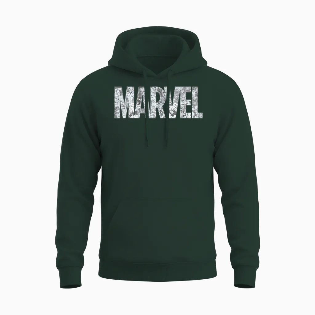 Marvel Logo Comics Gray Pencil Sketch Super Heroes Avengers T-Shirt, Black Unisex Hoodie in Forest