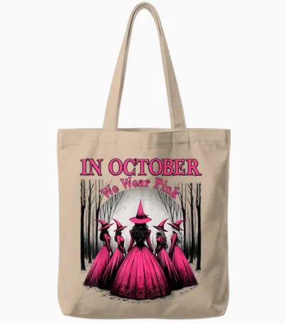Retro in October We Wear Pink Witch Breast Cancer Awareness Tote Bags - Natural