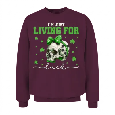 Living for Luck Cute St Patrick's Day Skull Design Unisex Sweatshirt - Maroon
