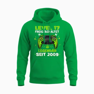 Level 17 Years Birthday Shirt Boy Gamer 2009 Birthday Unisex Hoodie - Irish Green