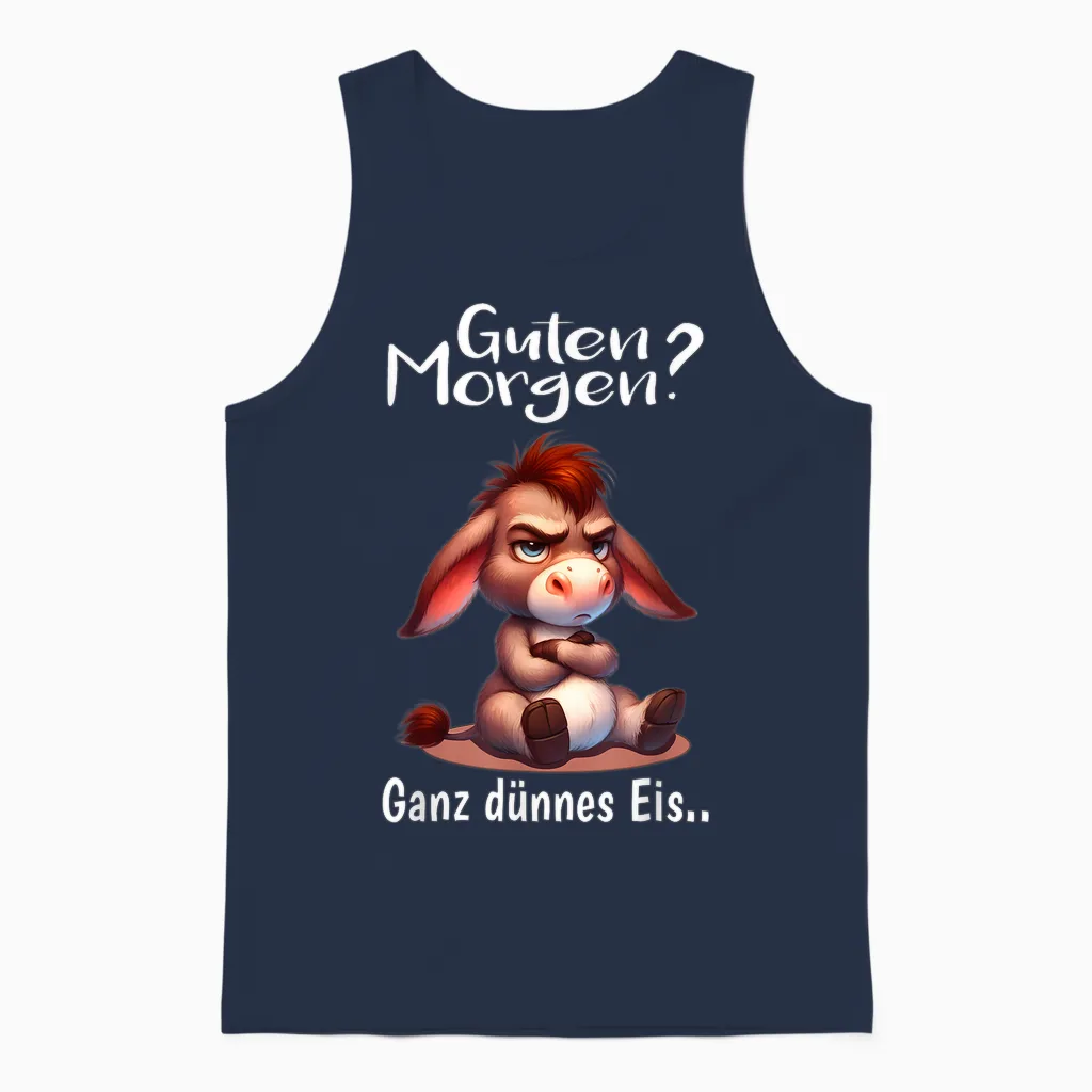 T-Shirt with German Text Morgenmuffel Müde Langschläfer Guten Morgen Donkey, Black, S Unisex Tank Top in Navy