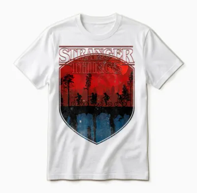 Stranger Things Group Shot Mindflayer Trail Silhouettes Unisex T-Shirt - White