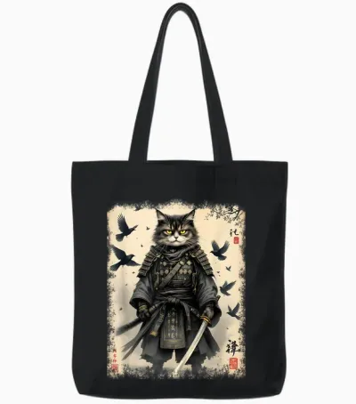 Samurai Cat, Japanese Warrior | Vintage Anime and Samurai Art T-Shirt, Black, S Tote Bags - Black