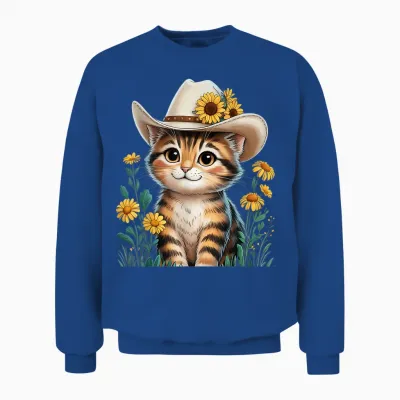 Adorable Cartoon Cat in Cowboy Hat with Rustic Sunflowers Unisex Sweatshirt - Royal