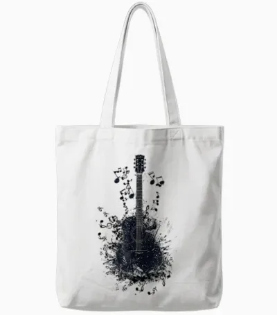 T-Shirt with Musical Notes for Guitarists, Black Tote Bags - White