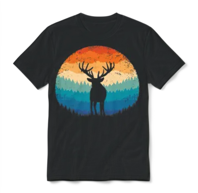 Retro Mountain Deer Unisex T-Shirt - Black