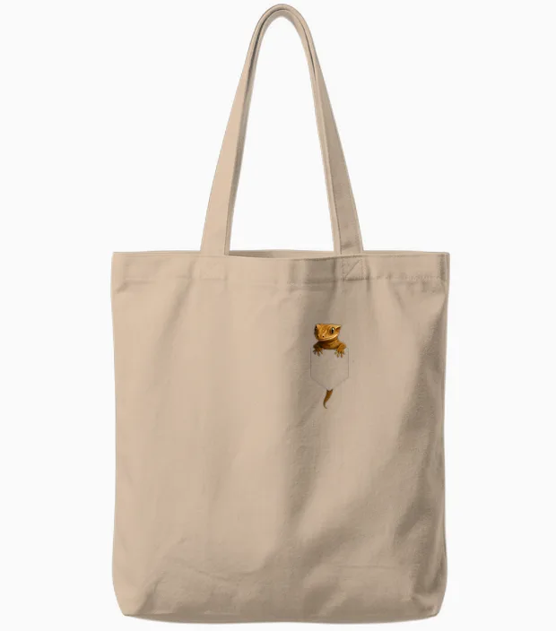 Crested Gecko Pocket Cute Exotic Lizard Reptile Pet Lover Tote Bags in Natural