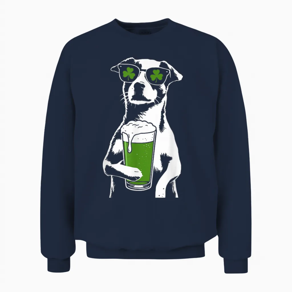 Dog Beer St Patty's Shamrock Funny St. Patrick's Day Unisex Sweatshirt in Navy