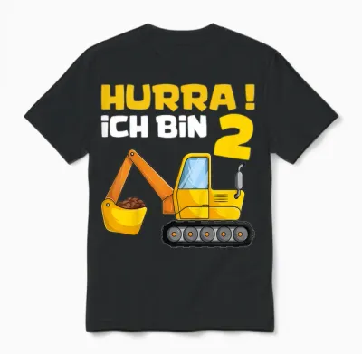 Hurra Ich Bin 2. Geburtstag Jungen Shirts, Zwei Jahre Bagger Unisex T-Shirt - Black