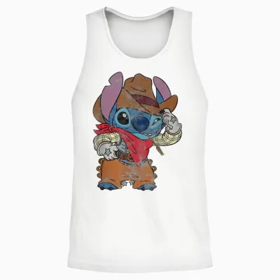 Disney Stitch Cowboy Costume Western Vintage Look T-Shirt, Black, S Unisex Tank Top - White