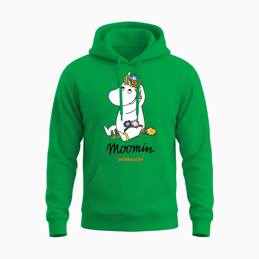 Children's T-Shirt with Moomin Snorkmaiden Flowers in Hair, White Unisex Hoodie in Irish Green