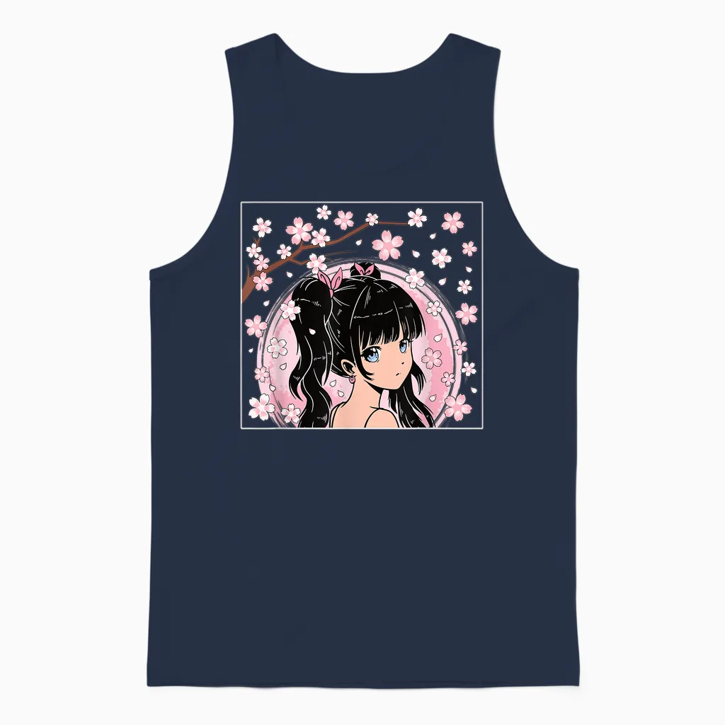 Japanisches Anime Mädchen Otaku Kirschblüte Sakura Damen Unisex Tank Top in Navy