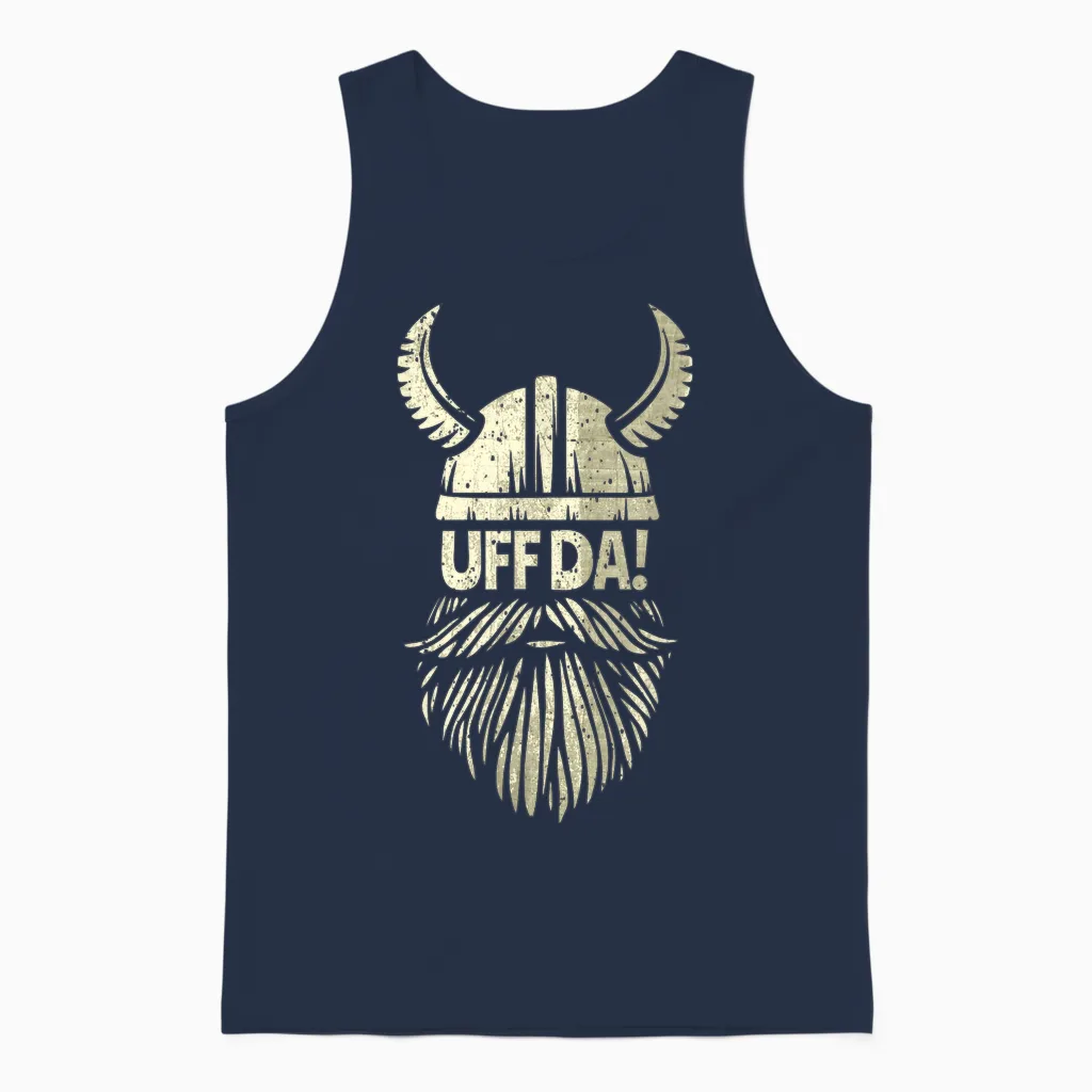 Uff Da Norwegian Quote Scandinavian Viking Helmet Beard Man Unisex Tank Top in Navy