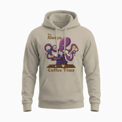 Cosmic Barista Octopus | Funny Coffee Time Design Unisex Hoodie - Sand