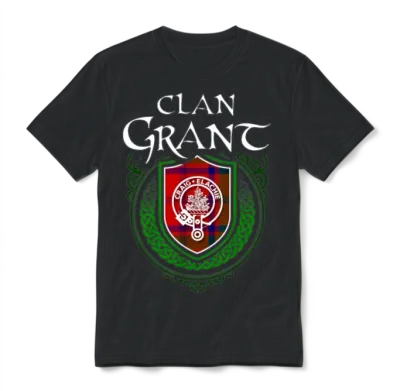 Grant Surname Scottish Clan Tartan Crest Badge Unisex T-Shirt - Black