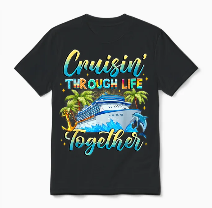 Cruisin Through Life Together Husband and Wife Cruise Couple Unisex T-Shirt in Black