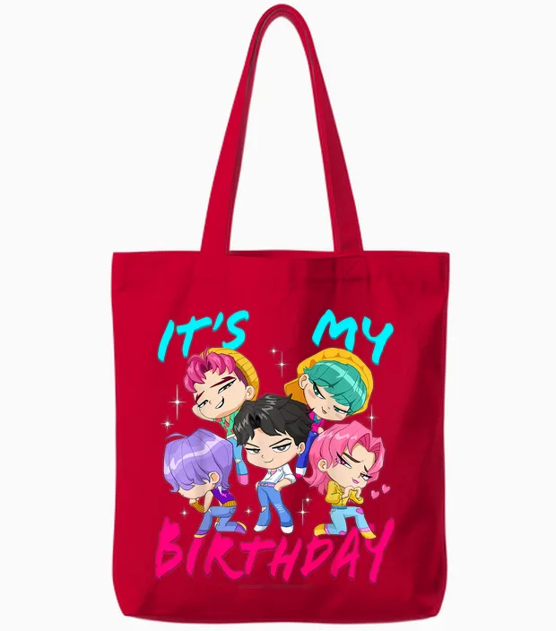 Kpop Demon Hunters It's My Birthday Saja Boys Group Shot Tote Bags in Red