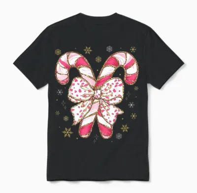Cute Pink Coquette Bow Candy Cane Christmas Girls Women Unisex T-Shirt - Black