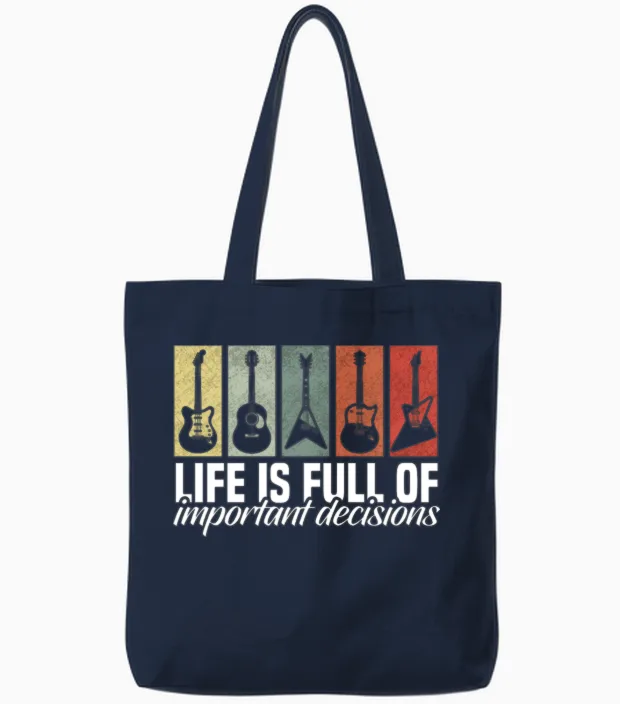 Important Decisions Funny Guitar Lover Tote Bags in Navy