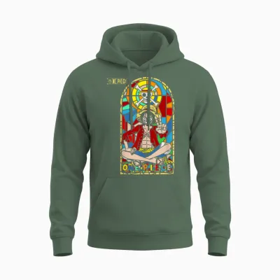 One Piece Anime Monkey D. Luffy Stained Glass Window Unisex Hoodie - Military Green