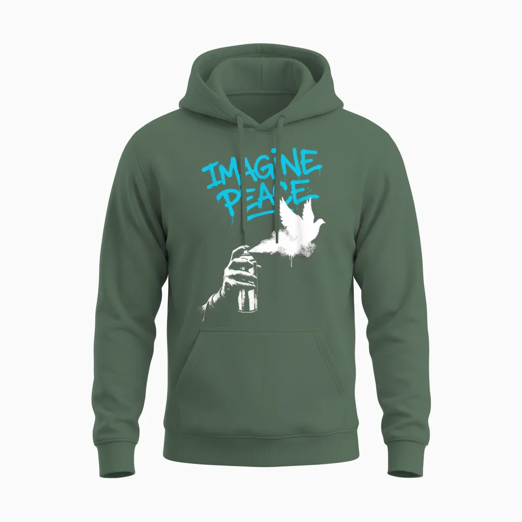Imagine Peace Spray Paint Dove Urban Art Style Unisex Hoodie in Military Green