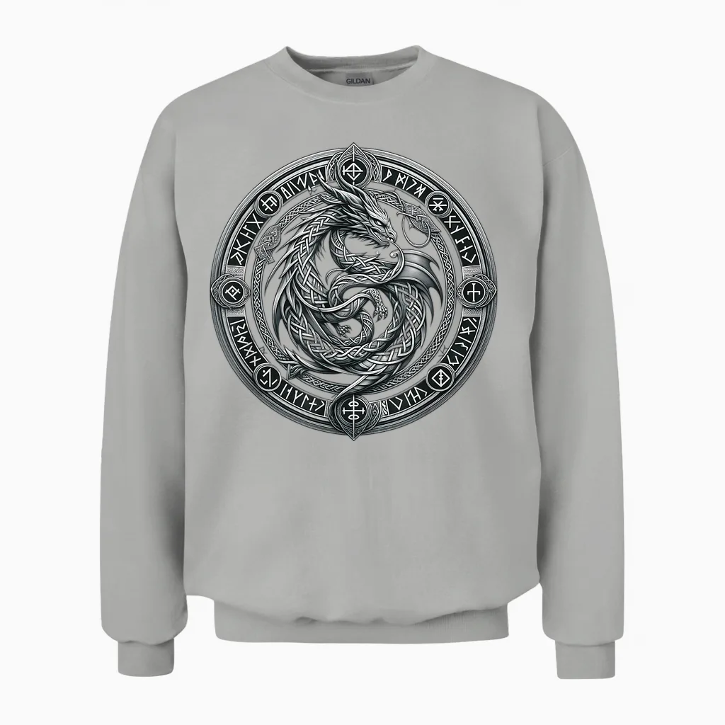 Nordic Dragon Mythical Viking Runes Tribal Celtic Dragon Unisex Sweatshirt in Ash
