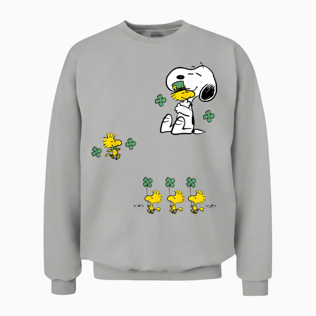 Snoopy & Woodstock - St Patrick's Day Shamrock Unisex Sweatshirt in Ash