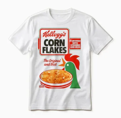 Kellogg's T-Shirt Mit Cornflakes Frühstücks-Müslischachtel Art 1983 Design - Unisex, Weiß, S, Kurzarm, Crew-Ausschnitt, Klassisch, Retro, Erwachsene, Nostalgie-Fans, Retro- Und Vintage-Enthusiasten Unisex T-Shirt - White