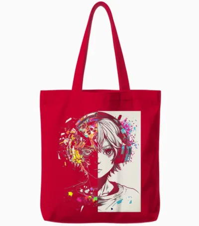 Anime Manga Pattern Helmet Illustration Anime T-Shirt, Black, S Tote Bags - Red