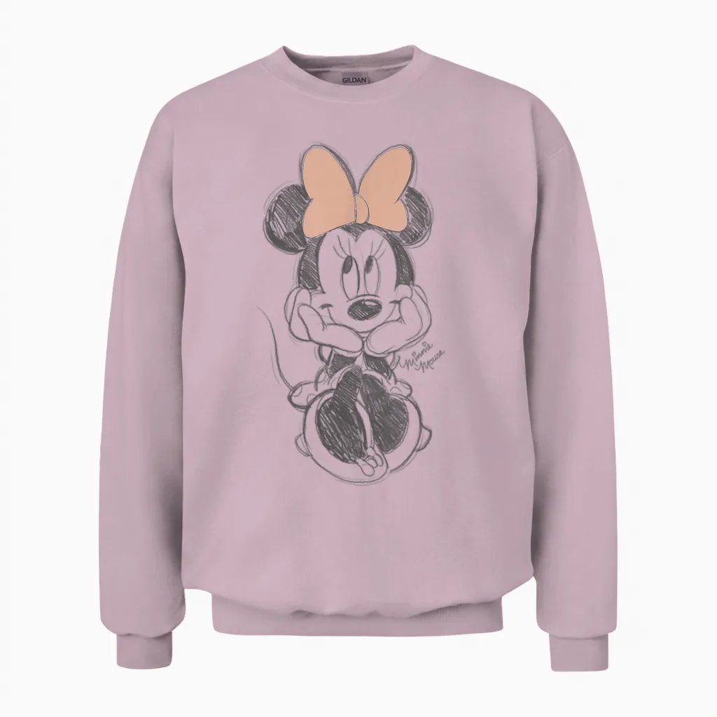 Disney Minnie Mouse Classic Sketch Cute Vintage Portrait T-Shirt, White Unisex Sweatshirt in Light Pink