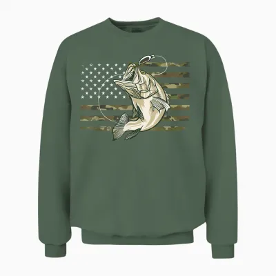 Fishing Camouflage Us American Flag Bass Fish Fisherman Camo Unisex Sweatshirt - Military Green