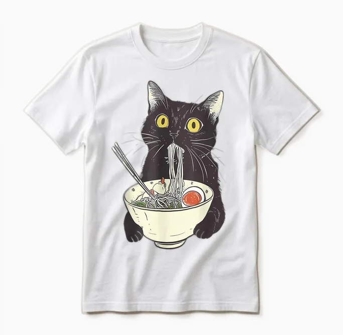 Cat Ramen Noodle Japanese Anime Manga Kawaii Cat T-Shirt, White Unisex T-Shirt in White