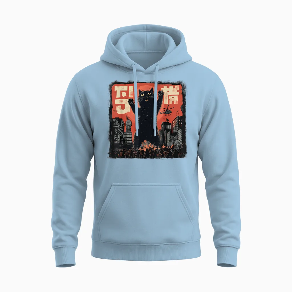 Vintage Japanese Cat Kaiju Monster Art Japan Retro Style T-Shirt, Black Unisex Hoodie in Light Blue