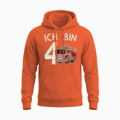 Children's 4th Birthday T-Shirt Fire Brigade Ich Bin 4, Black Unisex Hoodie - Orange