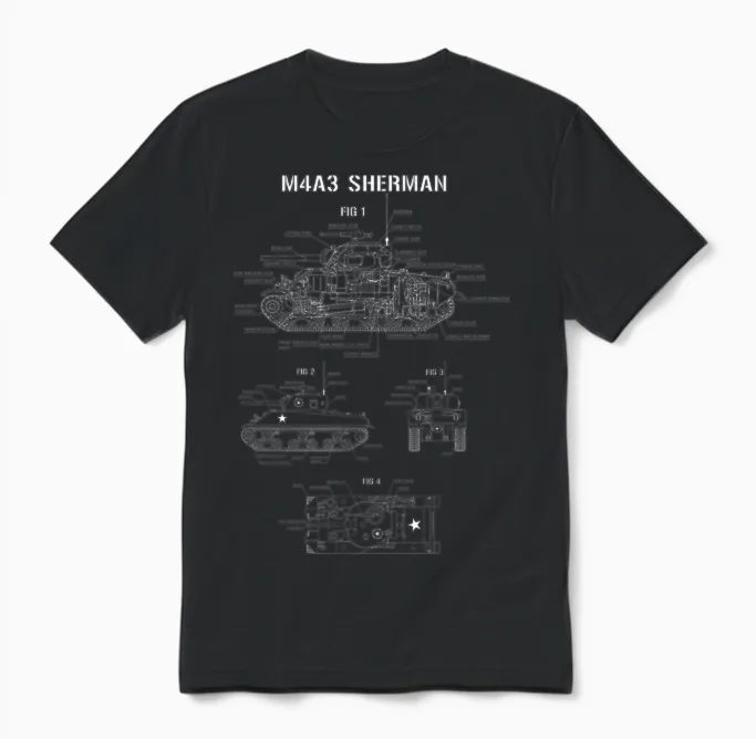 World War 2 American Tank M4a3 Sherman Blueprint Unisex T-Shirt in Black
