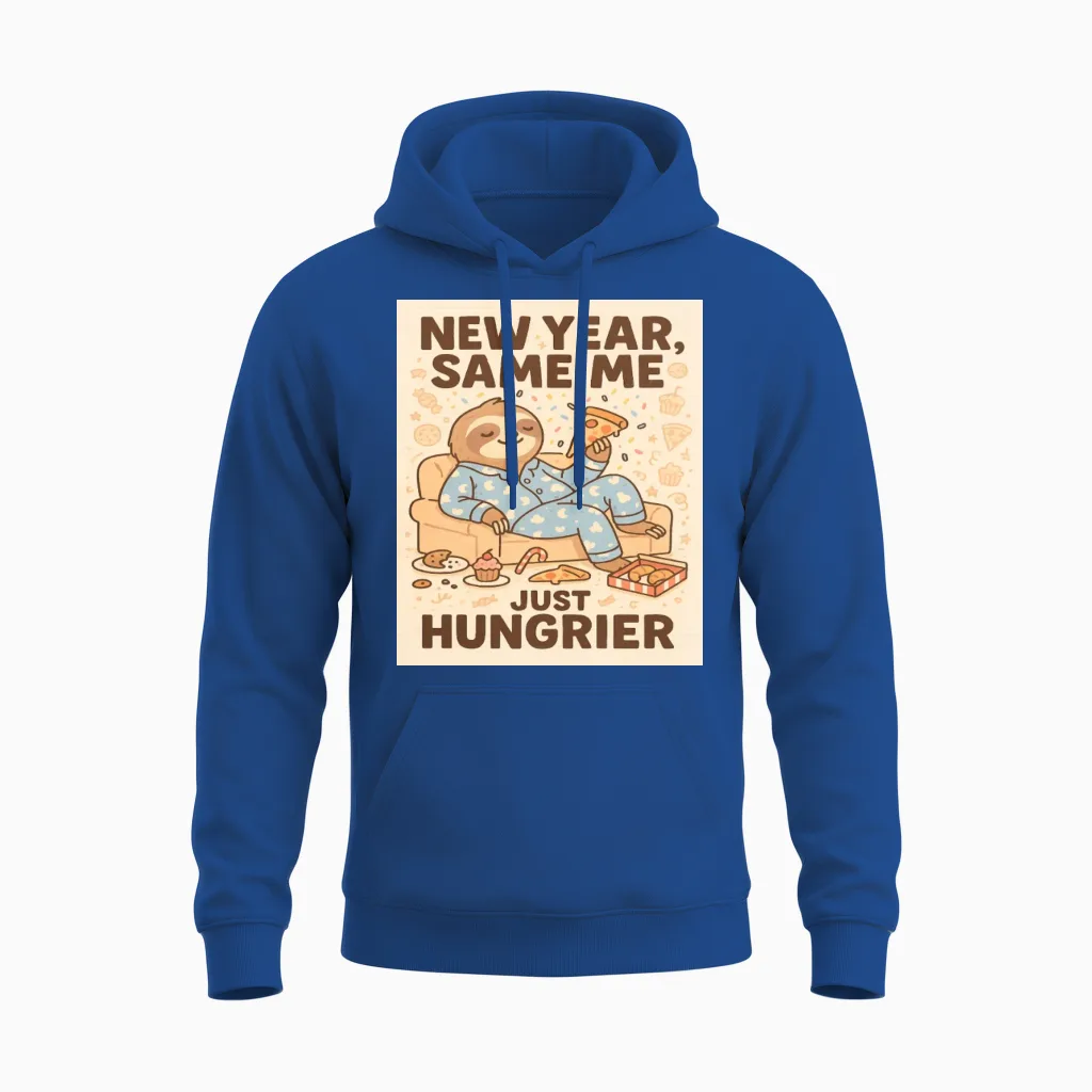 New Year Same Me Just Hungrier Sloth Unisex Hoodie in Royal