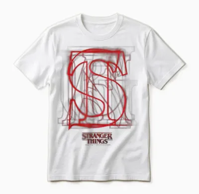 Stranger Things Logo with Overlaid Red Letters, Black Unisex T-Shirt - White