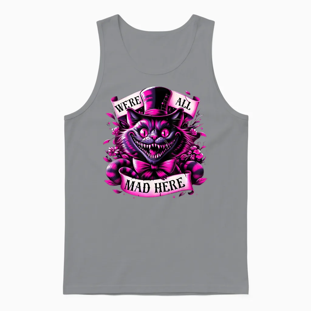 Cheshire Cat Alice in Wonderland Party T-Shirt, Black Unisex Tank Top in Sport Grey