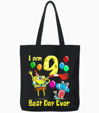 Mademark X Spongebob Squarepants - Spongebob I Am 9 Years Old Birthday Party Tote Bags - Black