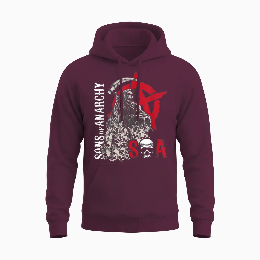 Sons of Anarchy Grim Reaper Pile of Skulls Biker Tv Show Unisex Hoodie in Maroon