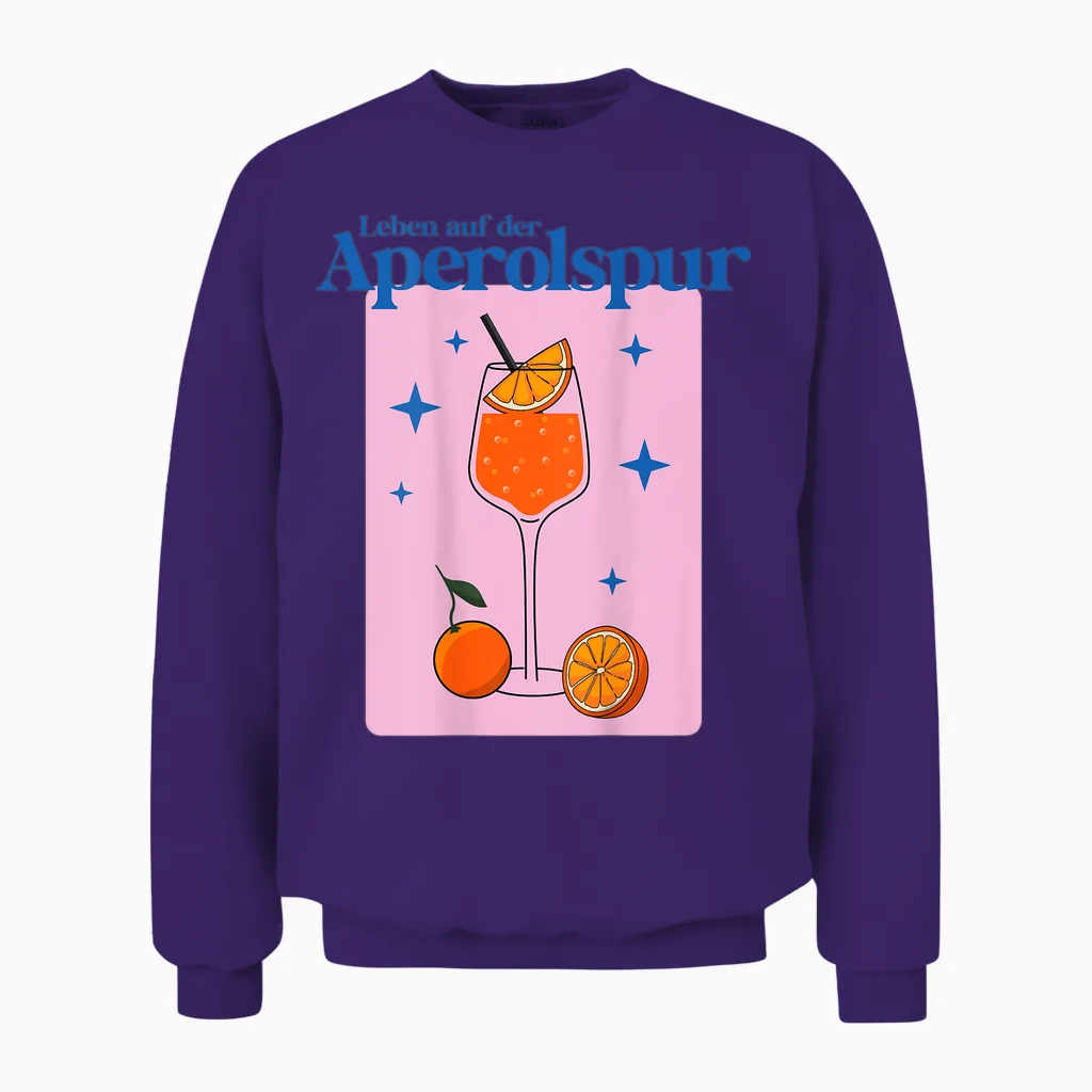 T-Shirt with German Text "leben Auf Der Aperolspur - Hallöchen Aperölchen Spritz Stars", White Unisex Sweatshirt in Purple
